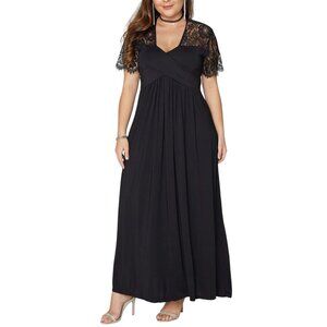Sue & Joe Black Lace Maxi Dress V-Neck Cross-Stitched Lace Shoulders Size XXXL